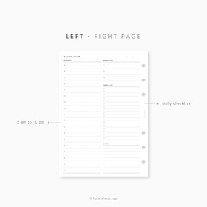 May include: A black and white printable planner page with the text "LEFT RIGHT PAGE" at the top. The page is divided into two columns. The left column is labeled "DAILY PLANNER" and has a schedule from 5 am to 10 pm. The right column is labeled "PRIORITIES", "TO DO LIST", and "NOTES".