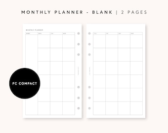 May include: A two-page blank monthly planner insert with a grid layout, featuring a memo column and headers for days of the week. The white paper has six circular punch holes along the inner edge and includes the text MONTHLY PLANNER - BLANK | 2 PAGES and FC COMPACT.