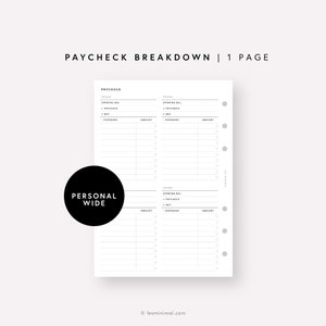 Personal Wide Paycheck Budget Breakdown Printable, Monthly Budget by Paycheck Worksheet, Weekly Bi-weekly Paycheck Bill Tracker Template