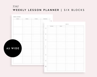 A5 Wide Printable Lesson Planner for School Teachers, Lined Weekly Lesson Plan Template, Blank Teacher Planner 6 Blocks Multi Lessons | T102