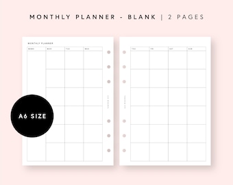 May include: A white A6 size monthly planner with two pages featuring a black grid layout. The text reads MONTHLY PLANNER - BLANK | 2 PAGES, A6 SIZE, and LES MINIMAL. Each page includes columns for days of the week and a memo section with punch holes.