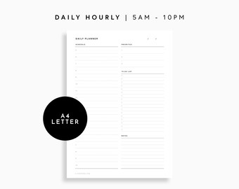 May include: A white daily planner sheet with black text featuring a schedule from 5 AM to 10 PM, a priorities section, a to-do list with checkboxes, and a notes section. A black circular badge on the left displays the text A4 LETTER.