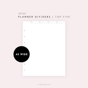 A5 Wide Editable Dividers Template for Planners, Top 5 Divider Tabs, Printable Blank Tabbed Dashboards Page Finder Index Label | DV103