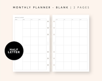 May include: A two-page monthly planner insert with a blank grid layout, featuring a memo column and days of the week headers. The white paper has six binder holes on the inner edges. Text includes MONTHLY PLANNER - BLANK | 2 PAGES and HALF LETTER.