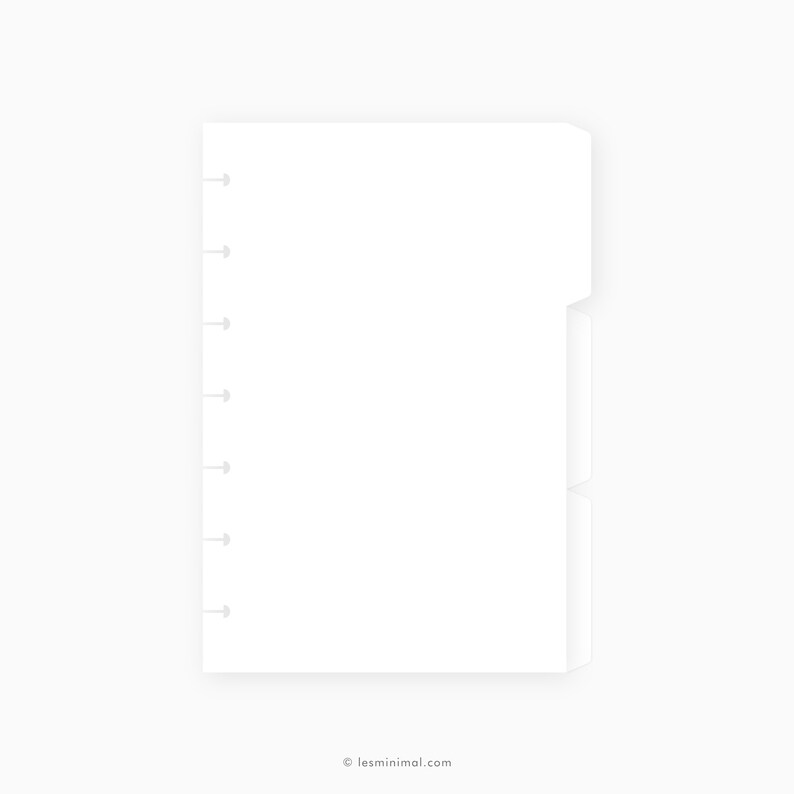 May include: A white, blank, vertical,  disbound notebook with a tabbed divider on the right side. The notebook has a row of six evenly spaced holes on the left side.