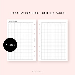 May include: A printable monthly planner with a grid layout, designed for A6 size paper. The planner is divided into two pages, one for the first half of the month and one for the second half. Each page has a memo section and columns for each day of the week.