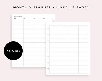 May include: Two white A5 wide monthly planner pages with black grid lines and text. The layout features columns for days of the week, labeled Monday through Sunday, with horizontal lines for notes. A black circle with the text A5 WIDE is visible.