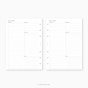 May include: Two blank daily planner pages with sections for schedule, priorities, to do list, and notes. The pages are designed for a ring binder.