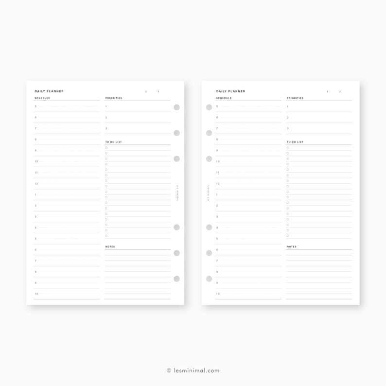 May include: Two blank daily planner pages with sections for schedule, priorities, to do list, and notes. The pages are designed for a ring binder.