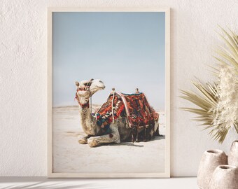 Printable photo of a white camel in the desert, boho digital art print - oriental bohemian print, desert print, Instant Download