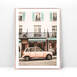 Printable photo of a car in Paris, Montmartre digital art print, coral and mint Paris print Instant Download