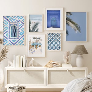 Blue Moroccan Coastal set of 6 prints, beach digital art print, boho gallery wall, Instant Download