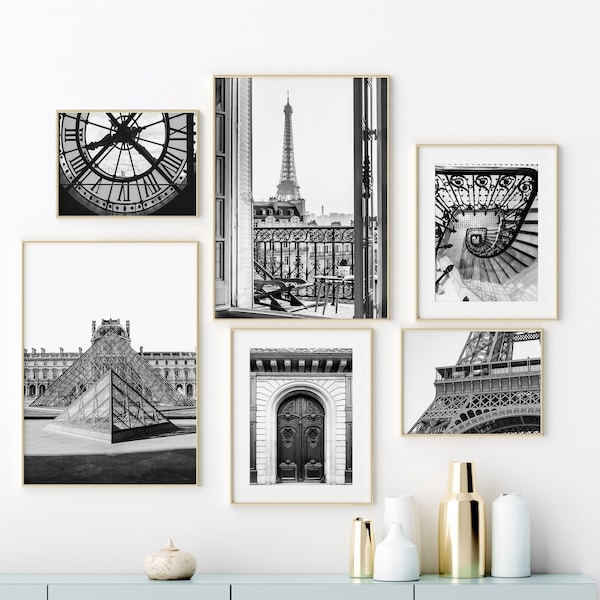 Set of 6 printable black and white Paris photos, Paris gallery wall set, architecture print set, original art print, Digital download