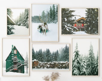 SET OF 6 Winter forest Prints , Reindeer photo, chalet, snow Christmas wall Decor Digital Art Print, Instant Download