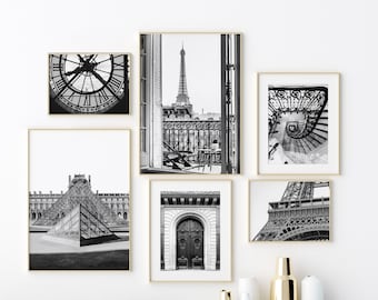 Set of 6 printable black and white Paris photos, Paris gallery wall set, architecture print set, original art print, Digital download