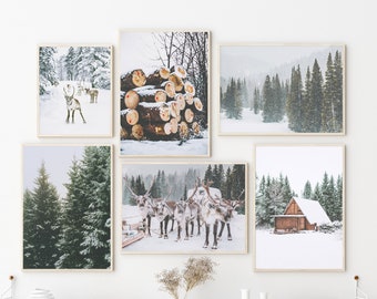 SET OF 6 Winter forest Prints , Reindeer photo, chalet, snow Christmas wall Decor, Digital Art Print, Holiday Instant Download