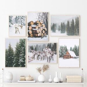 SET OF 6 Winter forest Prints , Reindeer photo, chalet, snow Christmas wall Decor, Digital Art Print, Holiday Instant Download