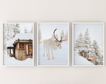 Winter Set of 3 prints, white reindeer, snow forest photo,  log cabin printable, neutral vertical christmas prints, Instant Digital Download