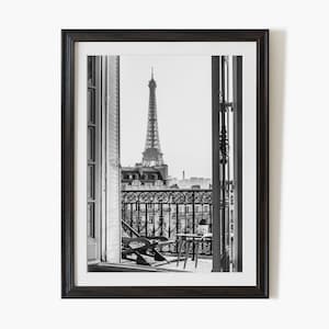 Printable photo PARIS stunning Eiffel Tower view from balcony, black and white original art print, Digital download image 5