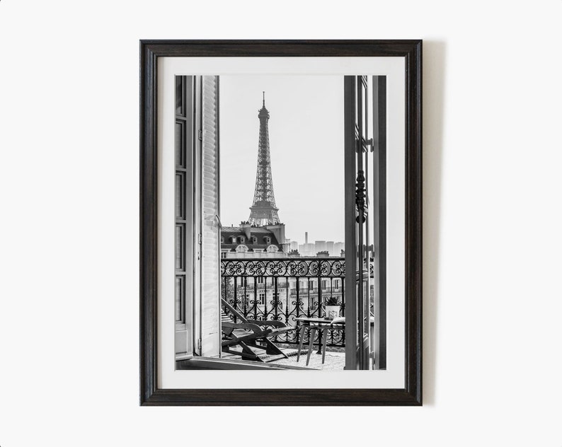 Printable photo PARIS stunning Eiffel Tower view from balcony, black and white original art print, Digital download image 5
