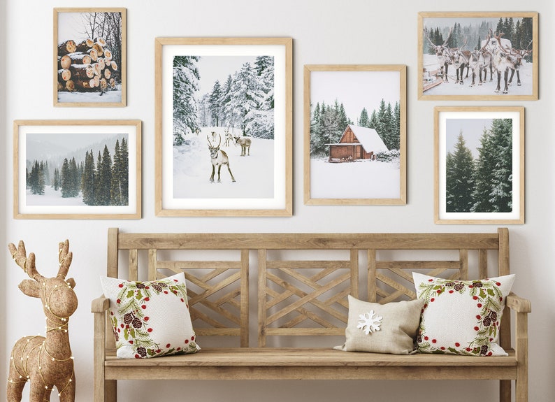SET OF 6 Winter Forest Prints , Reindeer Photo, Chalet, Snow Christmas ...