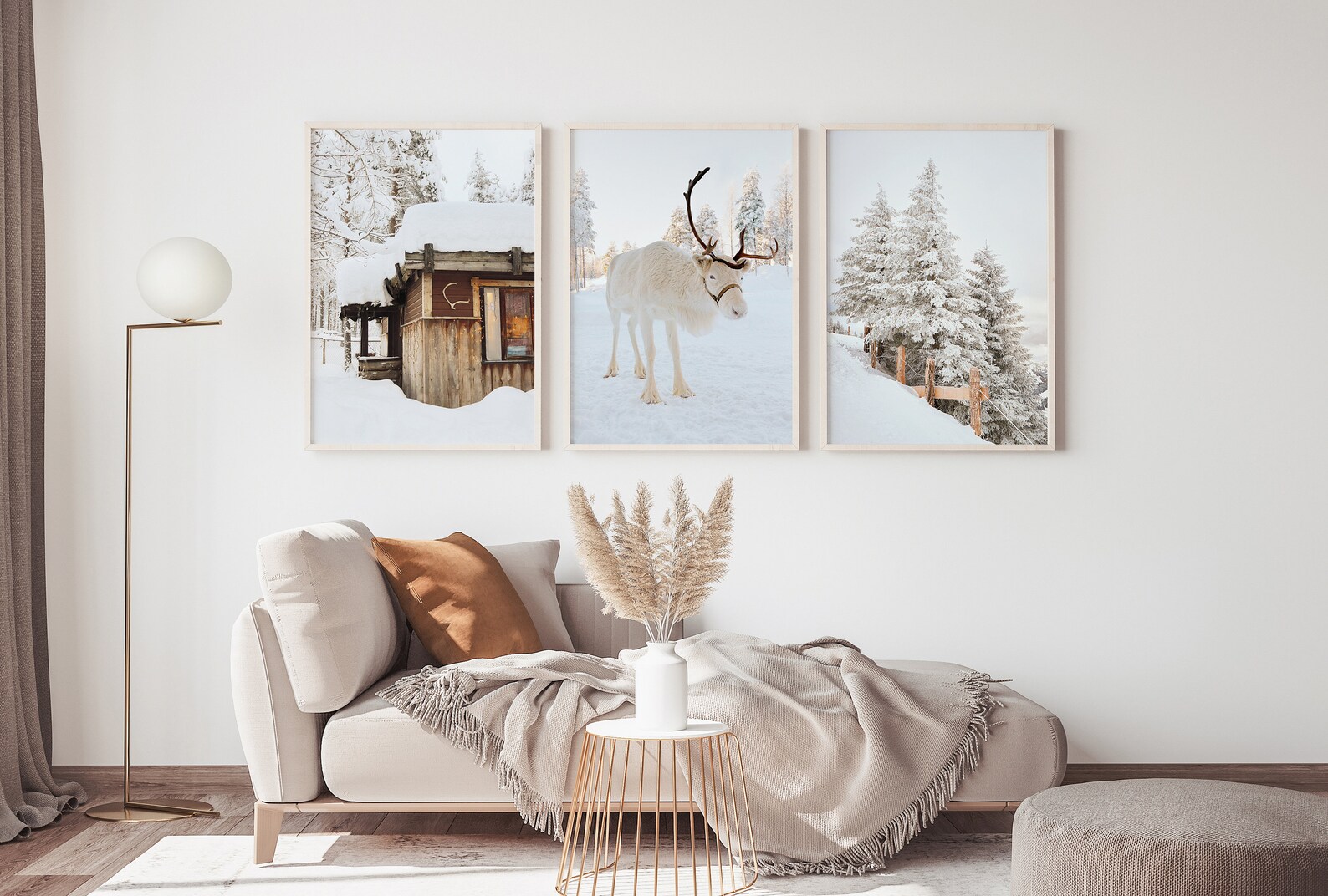 Winter Set of 3 Prints, White Reindeer, Snow Forest Photo, Log Cabin ...