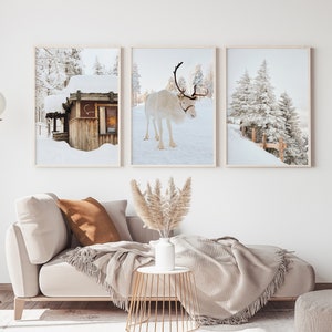 Winter Set of 3 Prints, White Reindeer, Snow Forest Photo, Log Cabin ...