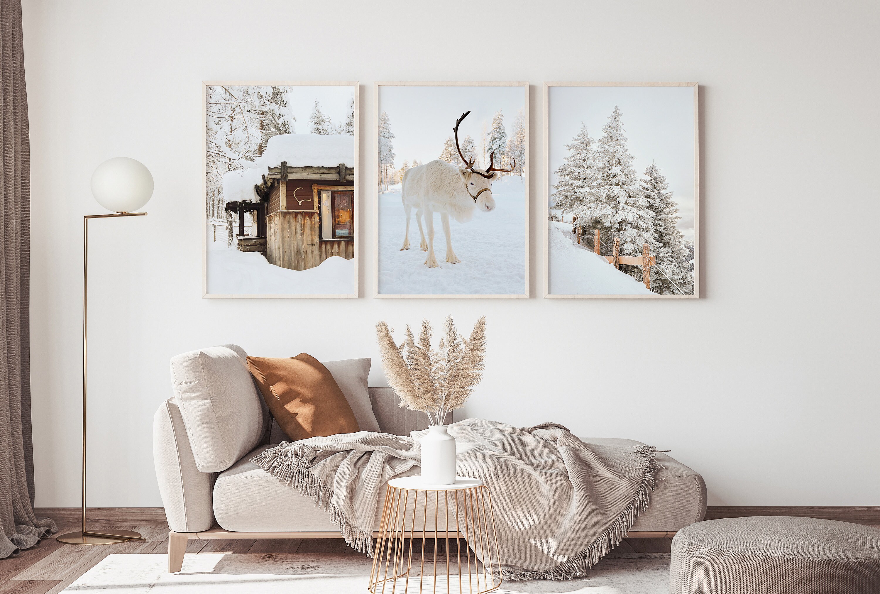Winter Set of 3 Prints, White Reindeer, Snow Forest Photo, Log Cabin ...