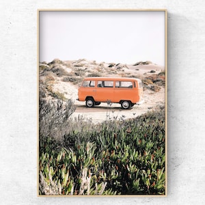 Printable photo of an orange retro camper van in the dunes, coastal wall art, beach print, California print, Instant download