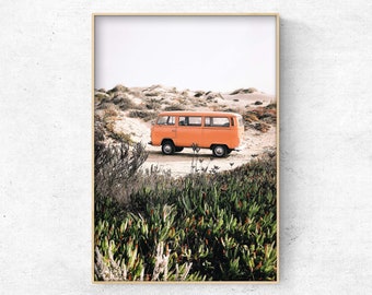 Printable photo of an orange retro camper van in the dunes, coastal wall art, beach print, California print, Instant download