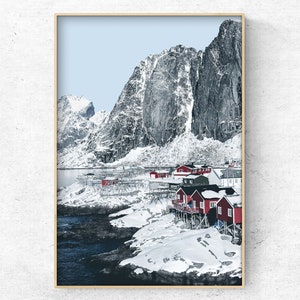 Printable Scandinavian winter landscape Photo,  Coastal Christmas wall Decor, Nordic Digital Art Print, Lofoten Instant Download