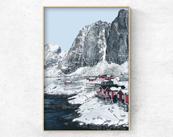 Printable Scandinavian winter landscape Photo,  Coastal Christmas wall Decor, Nordic Digital Art Print, Lofoten Instant Download