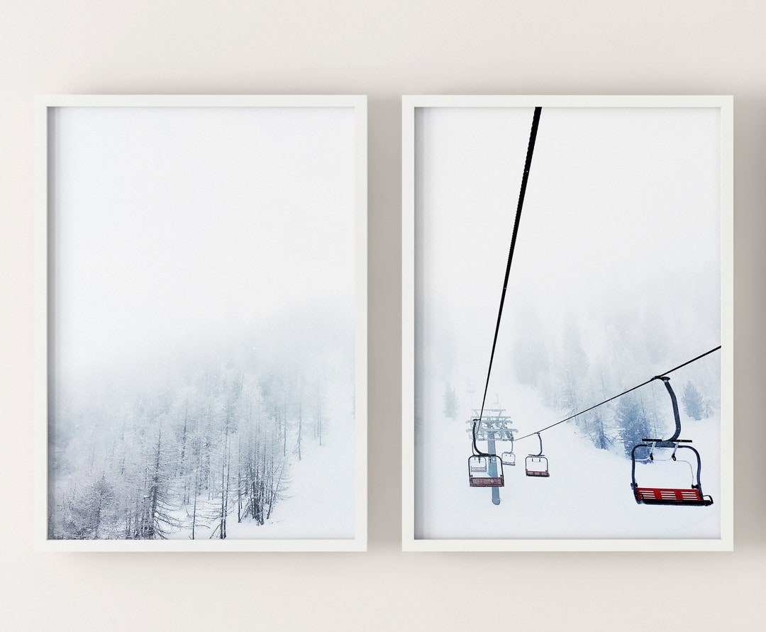 SET OF 2 Prints Winter Snow Ski Lift Print, Dreamy White Chalet Decor ...