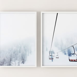 SET OF 2 Prints Winter Snow Ski lift print,  dreamy white Chalet Decor Digital Art Print, Instant Download