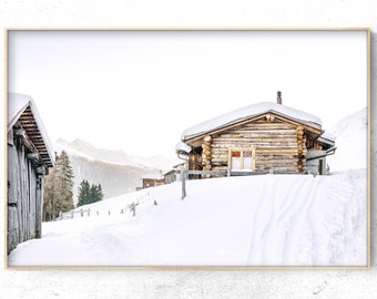 Log cabin on a snow mountain Printable Winter photo , Christmas wall Decor,  scandinavian Digital Art Print, Instant Download