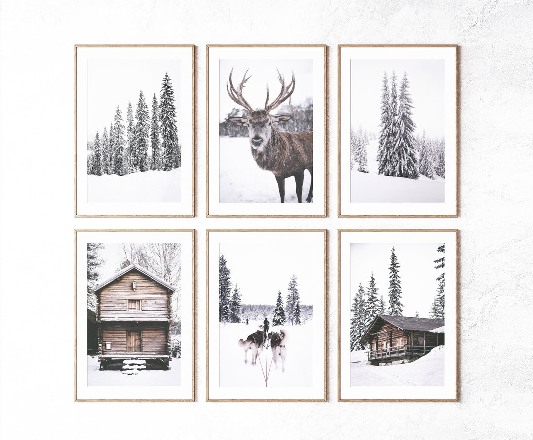 SET OF 6 Winter Forest Prints , Reindeer Photo, Log Cabin , Christmas ...
