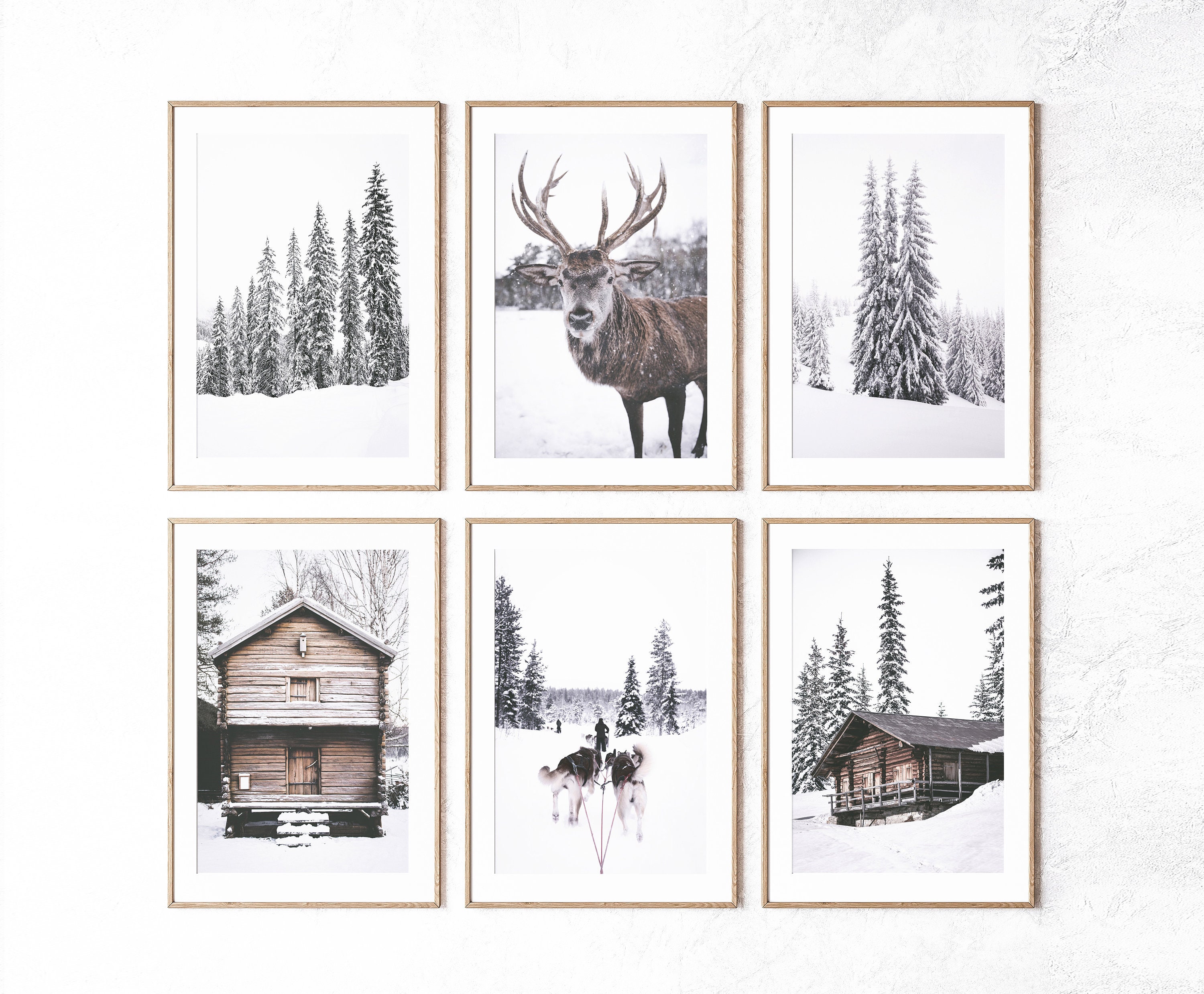 SET OF 6 Winter Forest Prints , Reindeer Photo, Log Cabin , Christmas ...