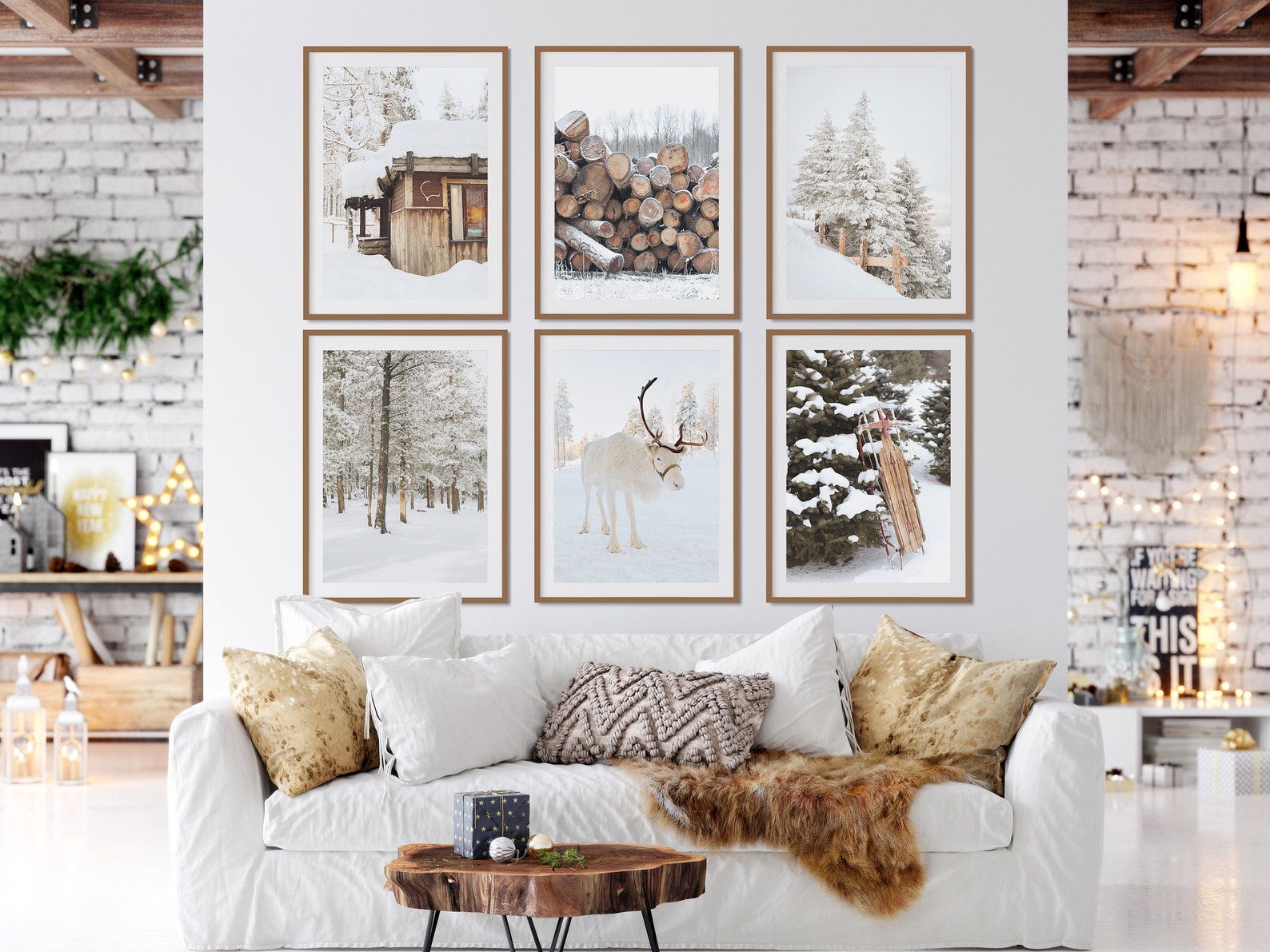 Winter Set of 6 Prints, White Reindeer, Snow Forest Photo, Log Cabin ...