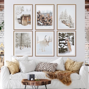 Winter Set of 6 Prints, White Reindeer, Snow Forest Photo, Log Cabin ...
