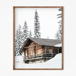 Printable Winter log cabin Photo, Farmhouse Christmas, rustic cabin decor, woodlands christmas art print, Digital Download