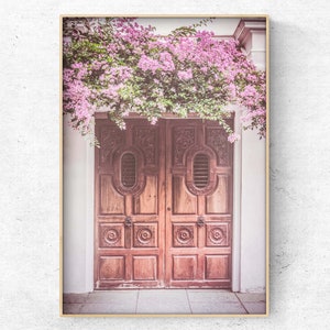 Printable photo of a wooden door with blooming bougainvillea, floral digital art print, Mediterranean photo, Instant Download