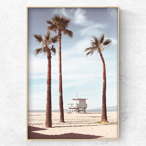 Printable photo of a life guard tower with palm trees, coastal wall art, beach print, California print, Instant download