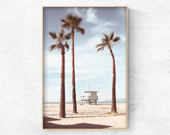 Printable photo of a life guard tower with palm trees, coastal wall art, beach print, California print, Instant download