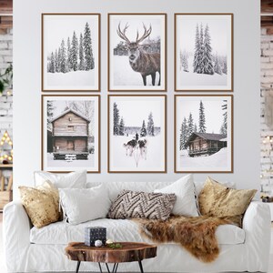 SET OF 6 Winter Forest Prints , Reindeer Photo, Log Cabin , Christmas ...