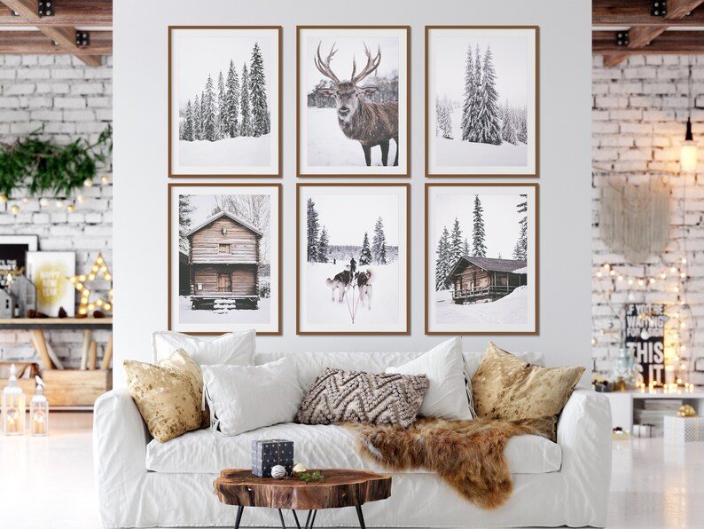 SET OF 6 Winter Forest Prints , Reindeer Photo, Log Cabin , Christmas ...