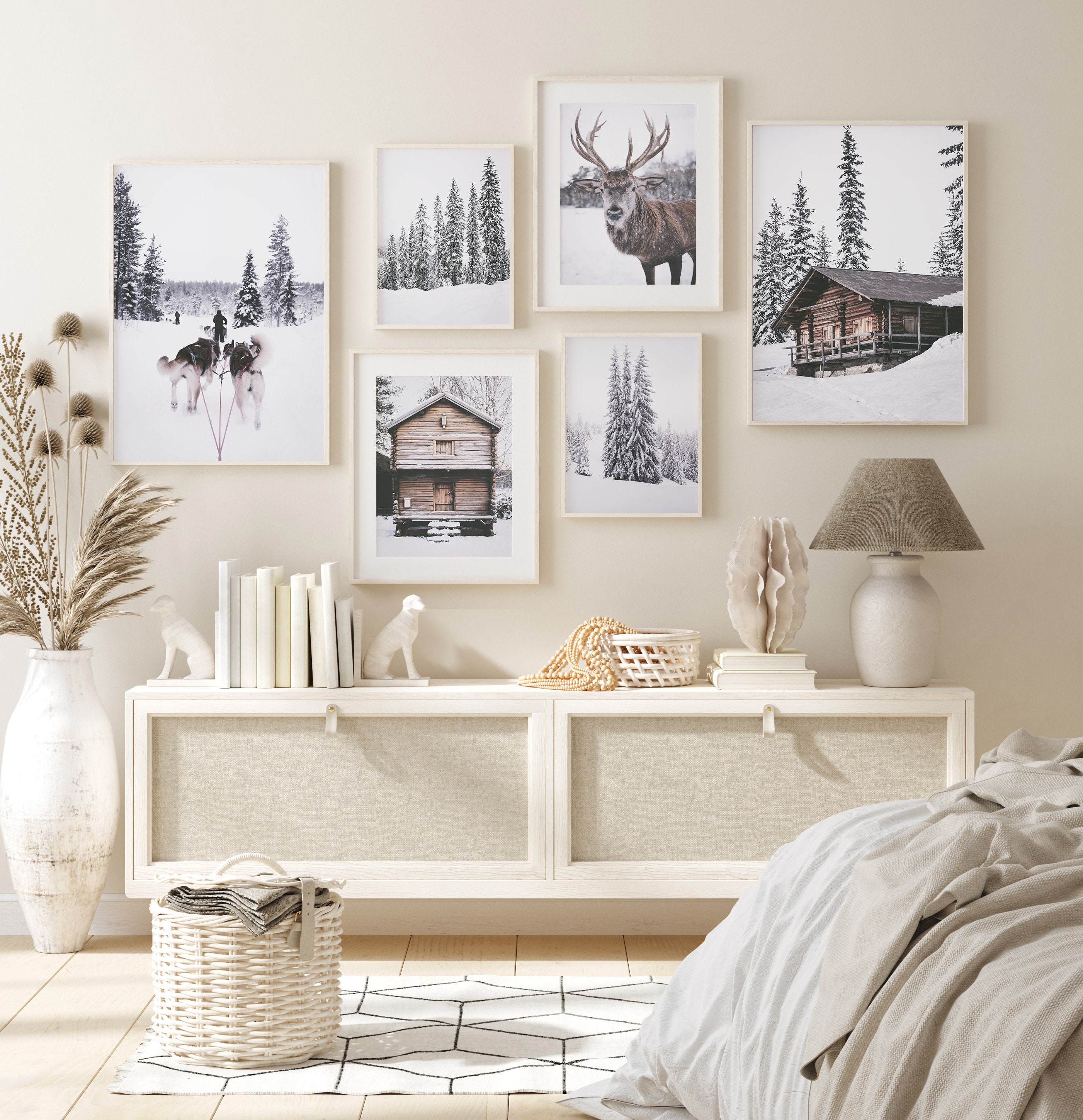SET OF 6 Winter Forest Prints , Reindeer Photo, Log Cabin , Christmas ...