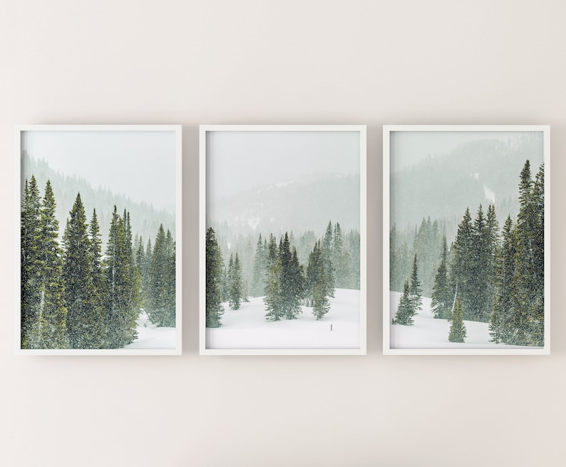 May include: A set of three framed prints featuring a snowy forest scene with tall evergreen trees. The prints are in white frames and have a minimalist aesthetic.