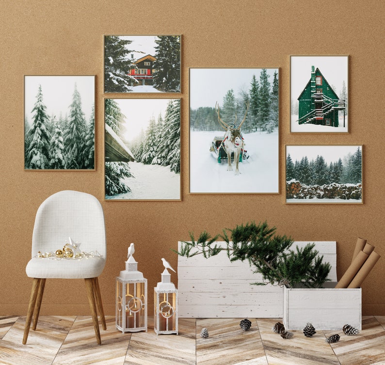 SET OF 6 Winter Forest Prints , Reindeer Photo, Chalet, Snow Christmas ...