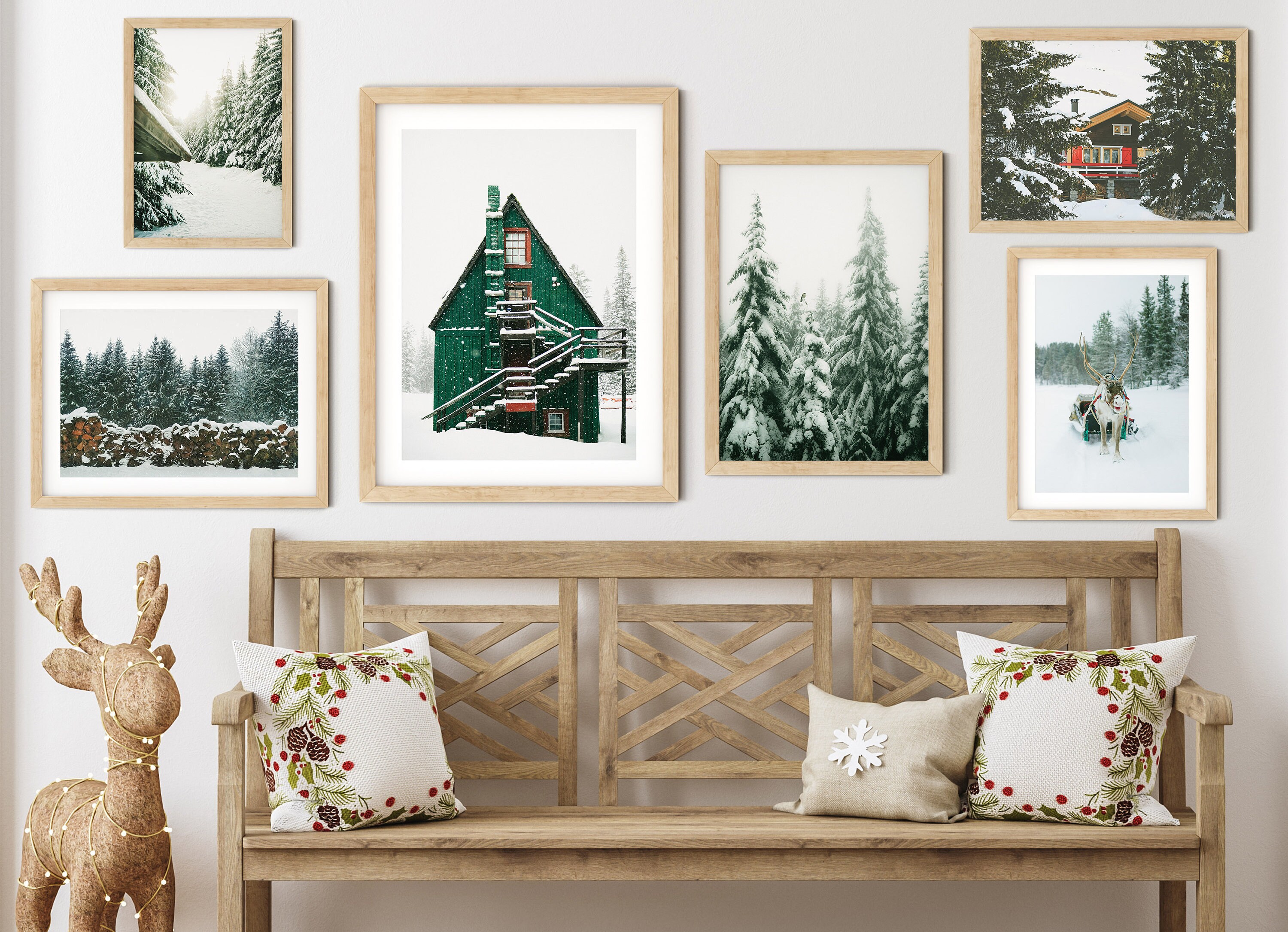 SET OF 6 Winter Forest Prints , Reindeer Photo, Chalet, Snow Christmas ...