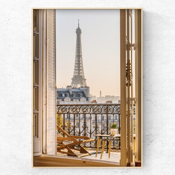 Download Printable photo PARIS stunning Eiffel Tower view from balcony at sunset, Digital Art Print